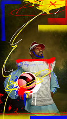 African young man, medieval royal person in cap, playing beach volleyball on dark background with abstract doodles. Contemporary art collage. Concept of sport, eras comparison, retro style, creativity