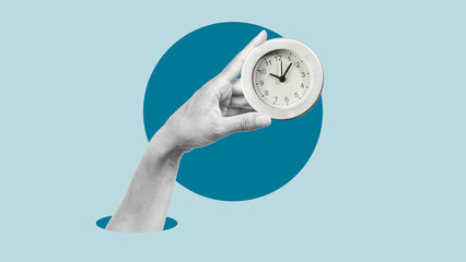Collage with the hand with clock. Time planning, time lapse, time at hand, little time