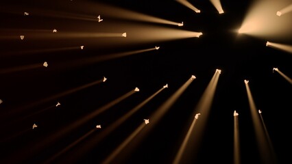 Close up shot of lights setup. Studio with black background, many dots with warm yellow rays of...