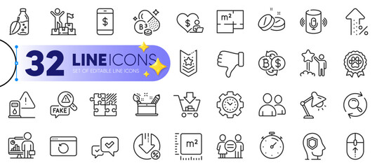 Outline set of Dislike hand, Fake news and Table lamp line icons for web with Shopping, Bitcoin exchange, Search thin icon. Swipe up, Recovery internet, Time management pictogram icon. Vector