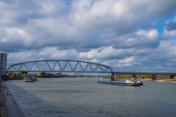 The Waal near Nijmegen/Netherlands with cargo ships on the river