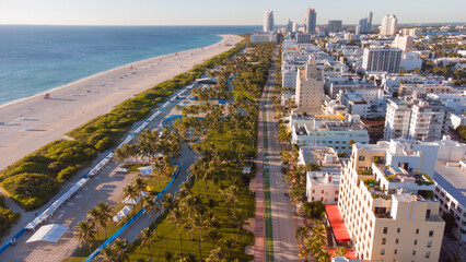 Aerial view of Ocean Drive capture by a drone in a sunny day