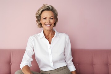 Portrait of a merry woman in her 50s wearing a classic white shirt against a solid pastel color...