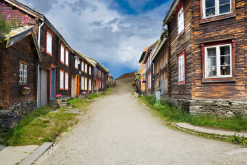 Historical wooden houses in the mining town of Røros, Norway - 678211675