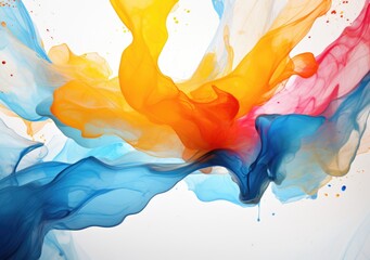 Abstract fluid art painting background in alcohol ink technique, mixture of pink, purple and yellow paints. Transparent overlayers of ink