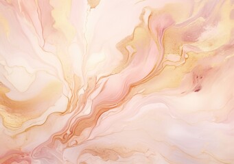 Fototapeta premium Blush pink watercolor fluid painting design card. Dusty rose and golden marble geode frame. Spring wedding invitation.