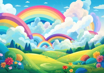 Fototapeta na wymiar Magical World with This Adorable in a Beautiful Nature Background, rainbows and cute cat