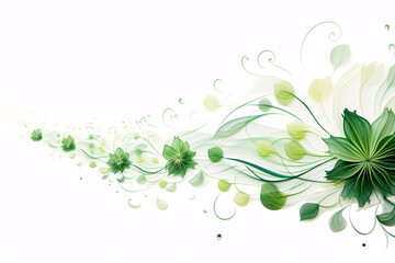 Green Flower Branches and Leaves on White Background