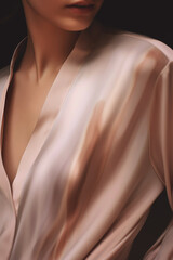Elegant caucasian woman in a silk pastel blouse against a black background