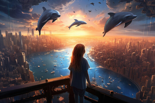 Rear view of girl looking at imagination land with flying dolphins
