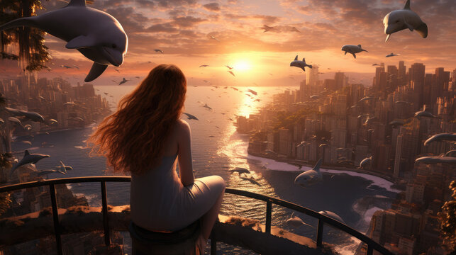 Girl looking at dreamland with flying dolphins