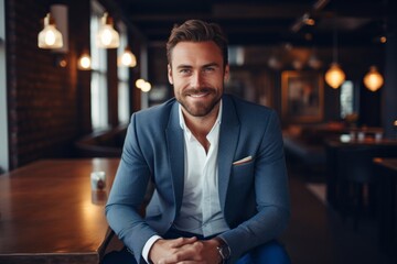 Portrait of a grinning man in his 30s dressed in a stylish blazer against a scandinavian-style interior background. AI Generation