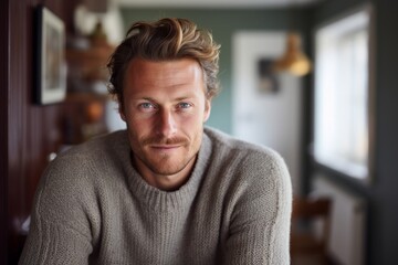 Portrait of a grinning man in his 30s dressed in a warm wool sweater against a scandinavian-style interior background. AI Generation - obrazy, fototapety, plakaty