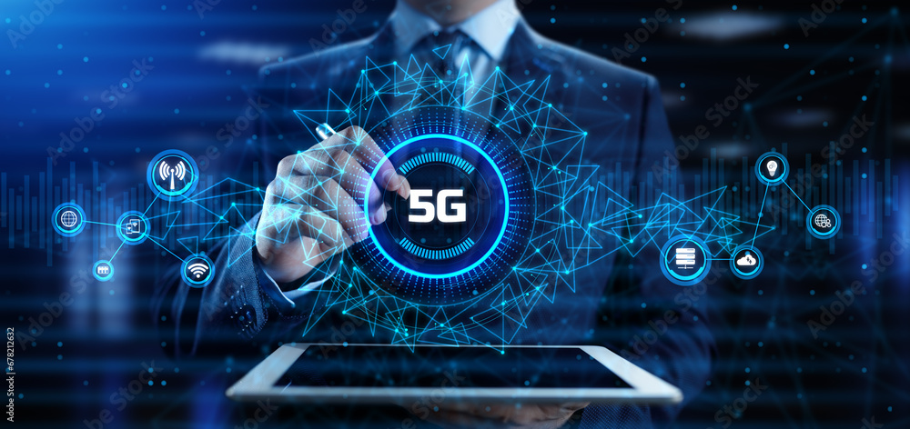 Poster 5g high-speed internet connection concept. businessman pressing button on screen.