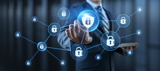 Cyber security access control data protection personal information privacy concept. Businessman pressing button on screen.