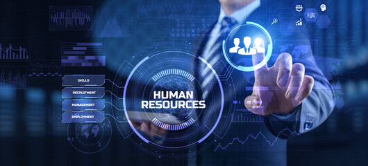 HR Human resources management Recruitment Headhunting. Businessman pressing button on screen.