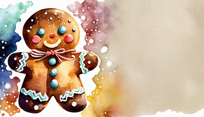 Fototapeta premium Colorful watercolor of a cute gingerbread man with copy space on a side
