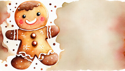 Colorful watercolor of a cute gingerbread man with copy space on a side