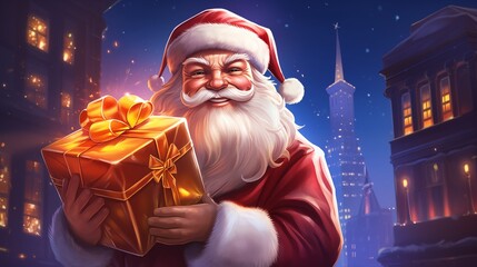 the santa claus character with a gift in his arms. Fantasy concept , Illustration painting.
