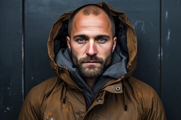 Portrait of a glad man in his 30s wearing a warm parka against a bare concrete or plaster wall. AI Generation