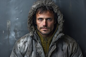 Fototapeta na wymiar Portrait of a glad man in his 30s wearing a warm parka against a bare concrete or plaster wall. AI Generation
