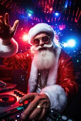 A fiery Christmas party with Santa Claus as a DJ mixing tracks on a DJ mixer. The New Year's party is filled with festive mood and fun. a night of fun.