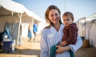 Compassionate Care, Nurse Attending to Families in Busy Refugee Camp Amidst Conflict - obrazy, fototapety, plakaty