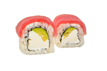 Sushi rolls on a white background. Japanese food of rice, seaweed, nori, trout and Philadelphia cheese.
