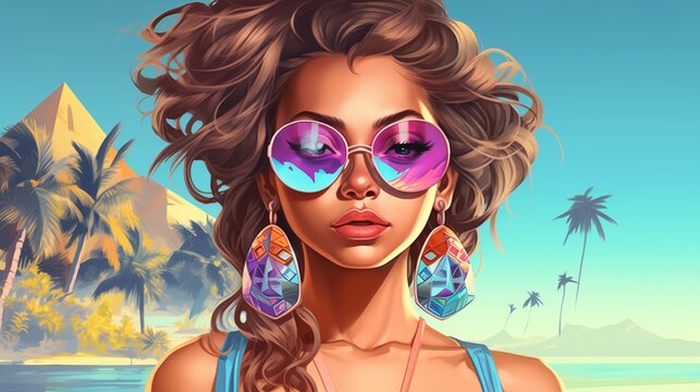 the girl with sunglasses is standing by the water on the beach. Fantasy concept , Illustration painting.