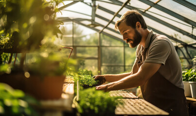 Naklejka na ściany i meble Botanical Innovation, Gardener Tending to Growing Plants in a Vibrant Greenhouse