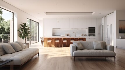 A modern minimalist home interior design with clean lines, sleek furniture, and neutral color palette, featuring an open-concept living space connected to a spacious kitchen, bathed in natural light