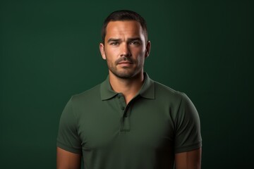 Obraz premium Portrait of a content man in his 30s wearing a sporty polo shirt against a blank studio backdrop. AI Generation