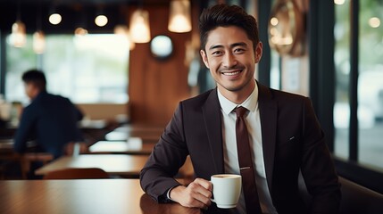 Portrait of smiling Asian businessman looking at camera in coffee shops.