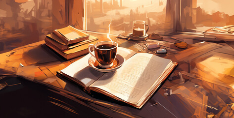 illustration of coffee and bible on a table, still life with coffee. Generative Ai content. Generative Ai content