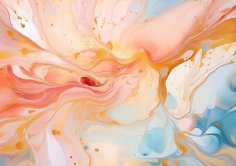 Rose pink liquid watercolor background with golden dots. Dusty blush marble alcohol ink drawing effect