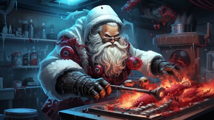 Sinister Santa Claus cooks food on fire. Fantasy concept , Illustration painting. - obrazy, fototapety, plakaty