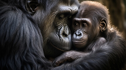 gorilas, Foto adorável Amor de Mãe - obrazy, fototapety, plakaty