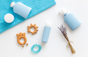 Child organic hygiene. Baby bath accessories and cosmetics, top view