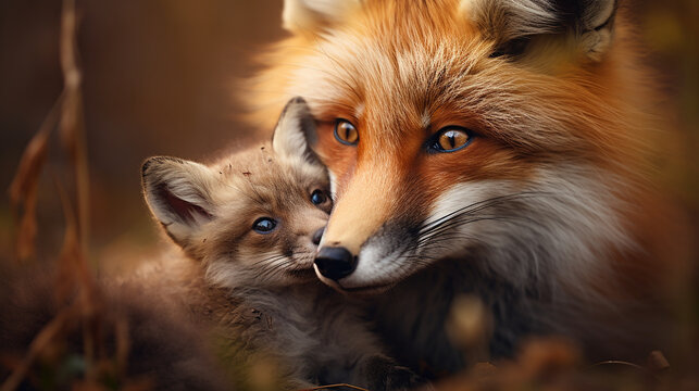 raposa com filhote, Foto adorável Amor de Mãe