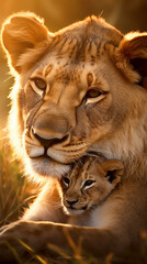 Obraz premium leoa com filhote, Foto adorável Amor de Mãe