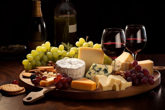 Photo of a platter of assorted cheeses paired with grapes and a glass of wine. Generative AI
