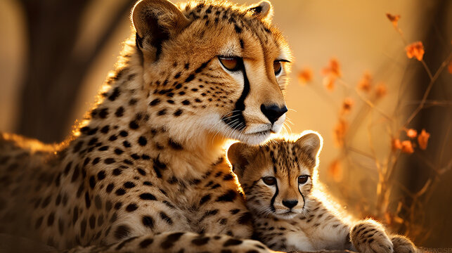 guepardo com filhote, Foto ador&aacute;vel Amor de M&atilde;e