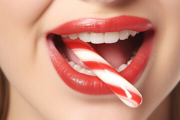 Naklejka premium Close-Up of Woman's Lips Delighting in Candy Cane Bliss AI generated