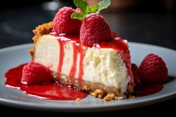 Photo of a slice of creamy cheesecake topped with raspberry coulis. Generative AI