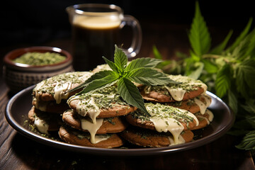 Drug cookies. Cookies with cannabis and hemp leaves. Hemp sweets. Legalization of drugs. AI