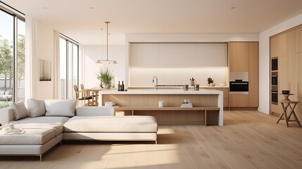 Fototapeta premium A modern minimalist home interior design with clean lines, sleek furniture, and neutral color palette, featuring an open-concept living space connected to a spacious kitchen, bathed in natural light