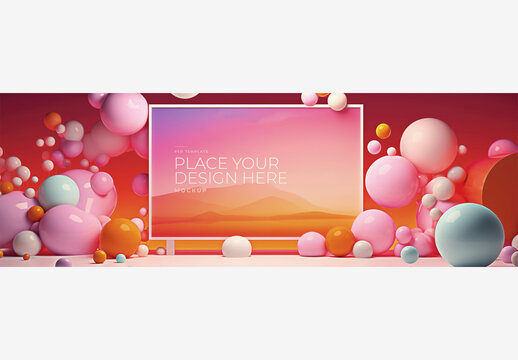 Colorful Frame Mockup Template with Large Sign, Balloons, Pink Background, Sky, Mountain Range, Clouds, Hills Frame Mockup Template Colorful