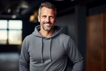 Fototapeta premium Portrait of a happy man in his 40s wearing a thermal fleece pullover against a empty modern loft background. AI Generation