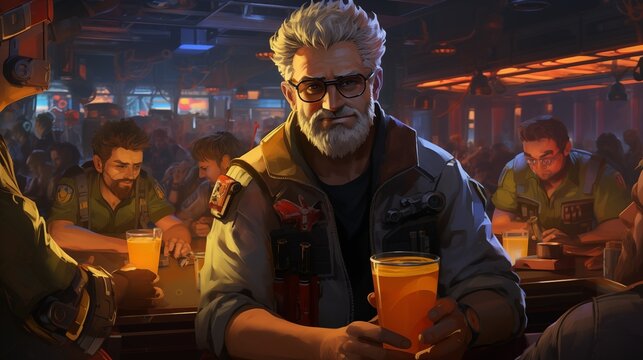 Old man in glasses drinking a beer in the bar. Fantasy concept , Illustration painting.
