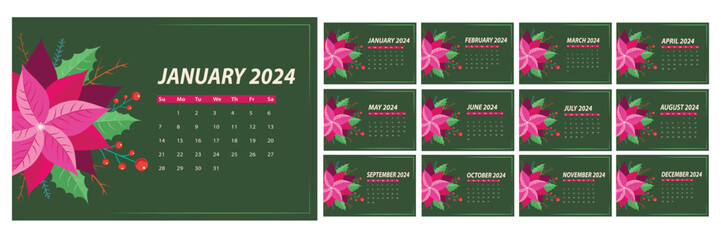 Monthly calendar template for year 2024 with poinsettia plant flower. Wall calendar in a minimalist style. Office desk calendar design.